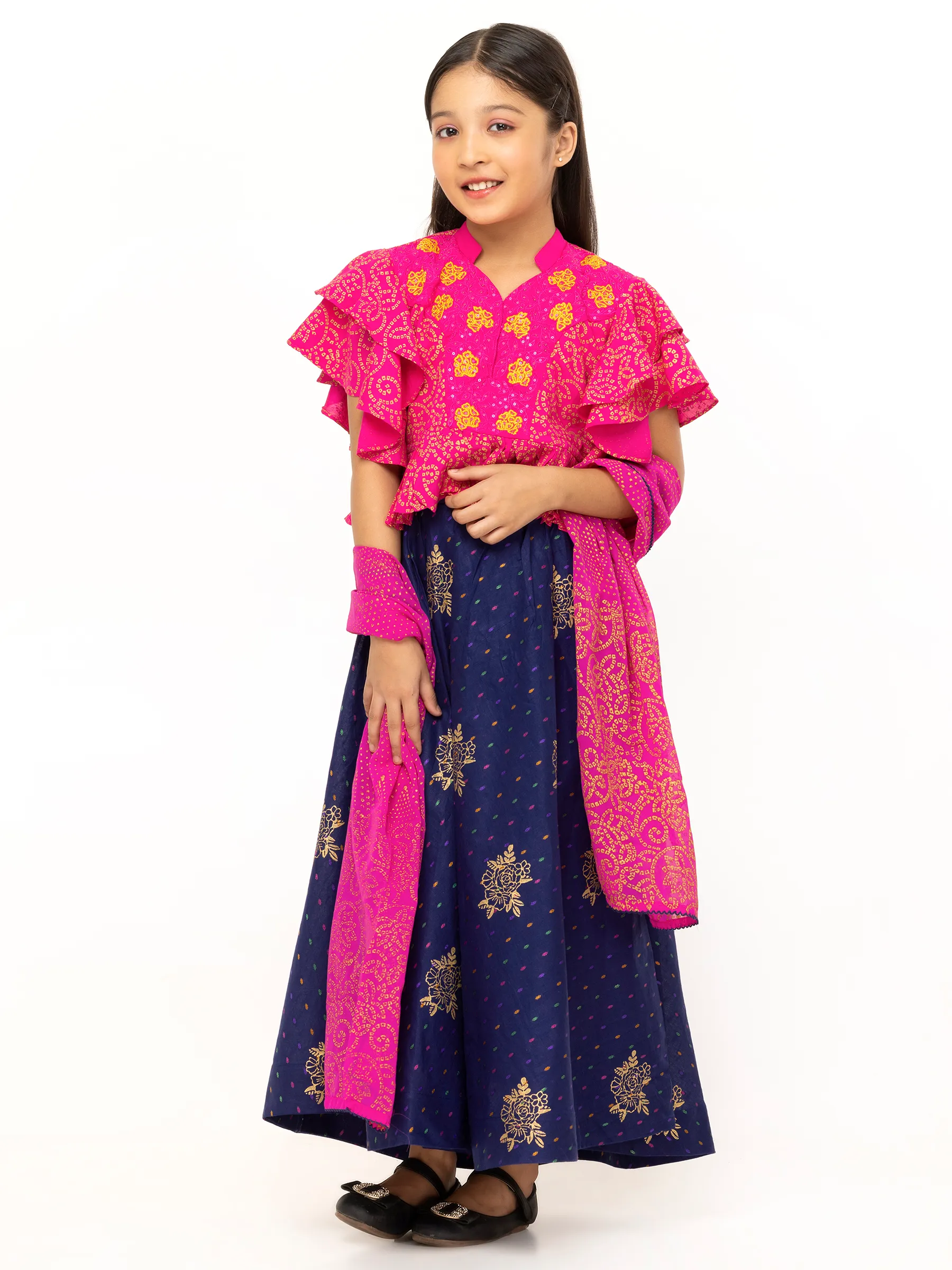 Fuchsia Printed and Embroidered Linen Ghagra Choli